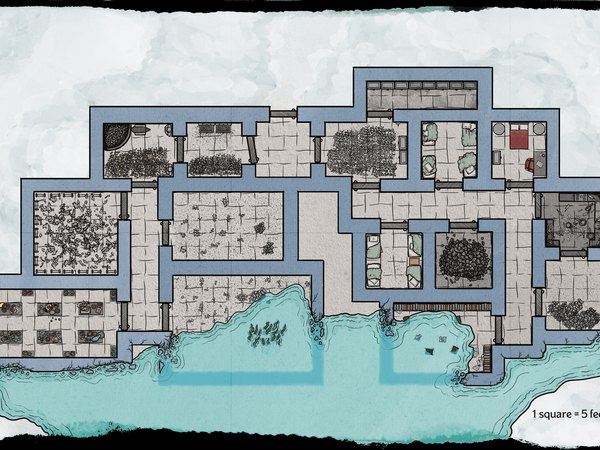 A hand-drawn dungeon floor plan flooded with water