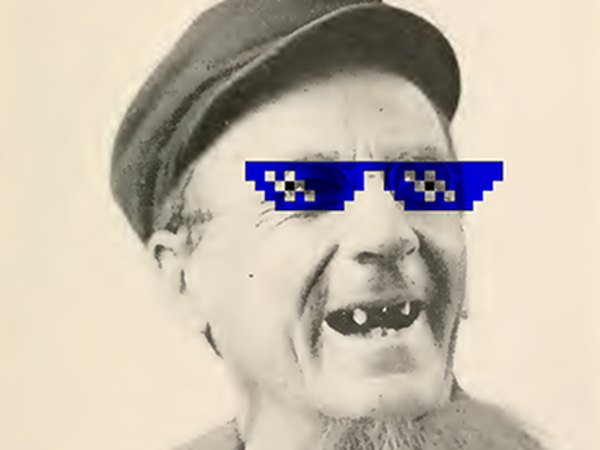 Portrait of the magician Si Stebbins wearing pixel sunglasses