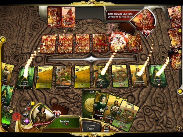 War of Omens: a full board of cards mid-turn, attacks arcing toward the opposing hero