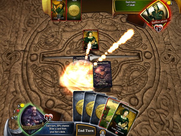 War of Omens: a battle in progress, fire streaking across the board toward an enemy hero