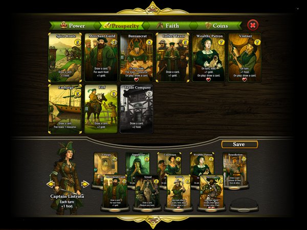 War of Omens: the deck editor, cards sorted by power, prosperity, faith and coins