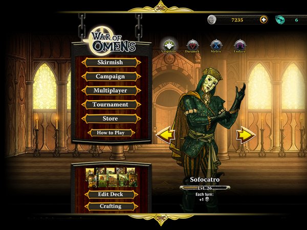 War of Omens: the main menu, with the masked hero Sofocatro
