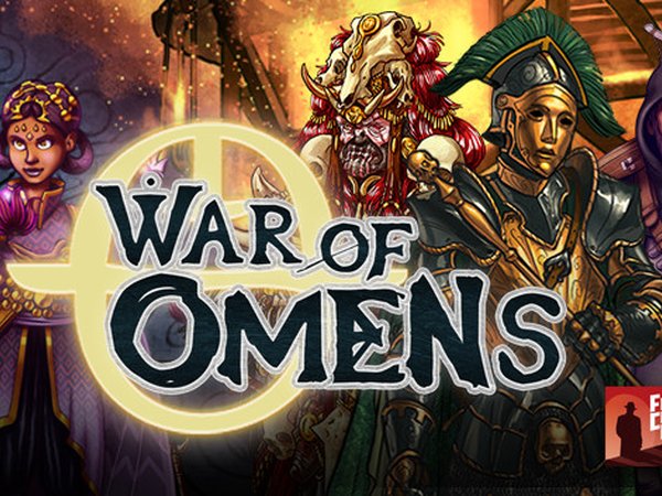 War of Omens key art: five heroes behind the game's logo