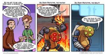 Virtual Shackles: the BioShock 2 Big Daddy prototype, imagined in flames, and in reality unable to work out how to pee in the suit