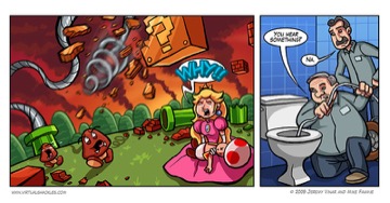 Virtual Shackles: the Mushroom Kingdom torn apart by a giant plunger, and two plumbers at a toilet