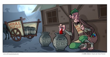 Virtual Shackles: Link, by moonlight, smashing pots delivered by the Hyrule Pot Co.
