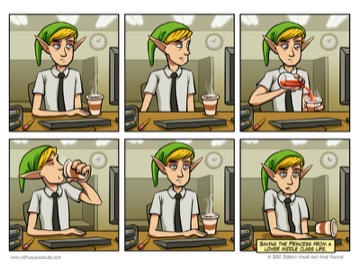 Virtual Shackles: Link at an office desk, spiking his coffee — saving the princess from a lower middle class life
