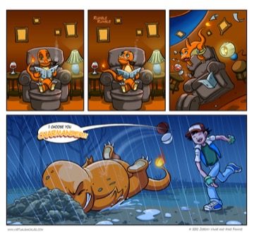 Virtual Shackles: a Charmander at home in an armchair, and the Pokeball that comes for him