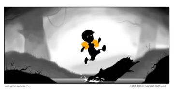 Virtual Shackles: a silhouetted boy mid-leap, drawn in the style of Limbo
