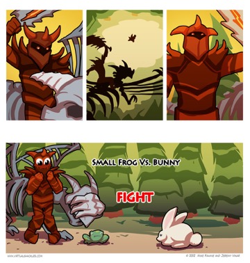 Virtual Shackles: a towering armored monster faces off against a frog and a rabbit — FIGHT